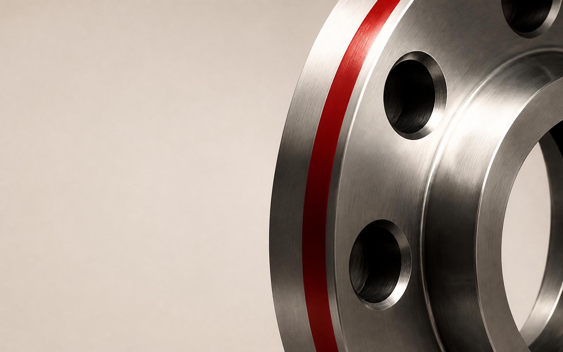 Flangia in acciaio inox lavorata di precisione con dettaglio in rosso segnale